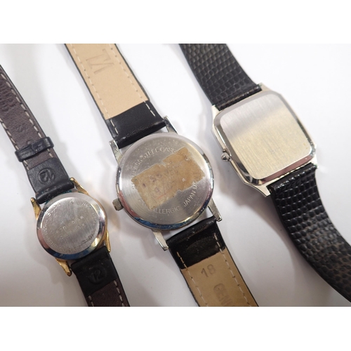 564 - A Mappin & Webb gentlemen's quartz wrist watch, a Ravel quartz watch and a Bulova ladies one