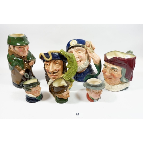 64 - A collection of seven toby jugs including Royal Doulton Sherlock Holmes, Captain Hook etc. tallest 2... 