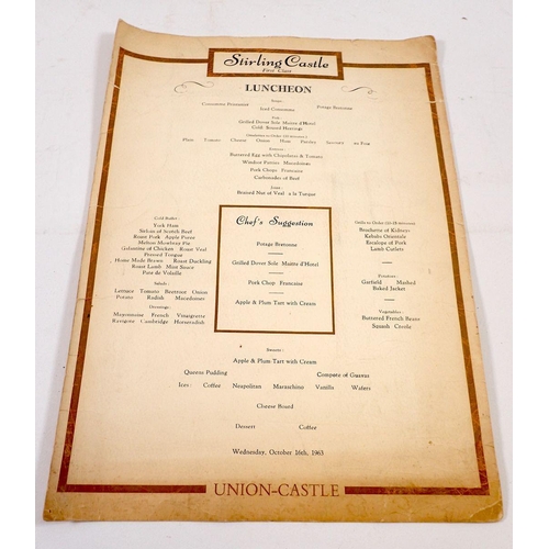 676 - A Stirling Castle first class Union Castle Steamship luncheon menu, 1963