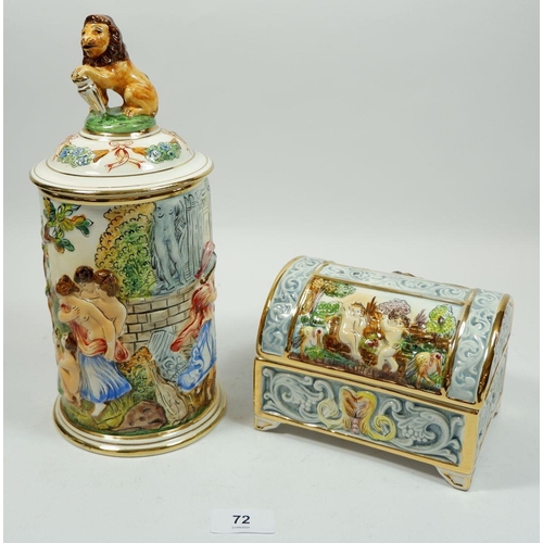 72 - A Capodimonte large tankard decorated mythological scenes and a dome top box