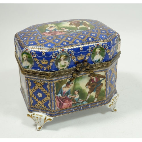 73 - A large continental porcelain box painted rococo scenes on a trellis blue and gilt ground, 15cm high