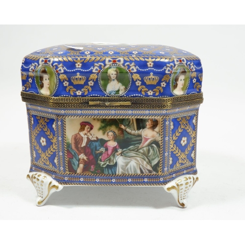 73 - A large continental porcelain box painted rococo scenes on a trellis blue and gilt ground, 15cm high