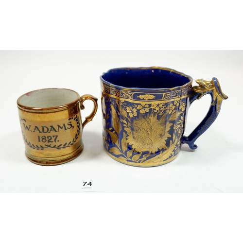 74 - A Victorian blue and gilt large ironstone mug with gilt floral decoration, 10cm high and a Staffords... 