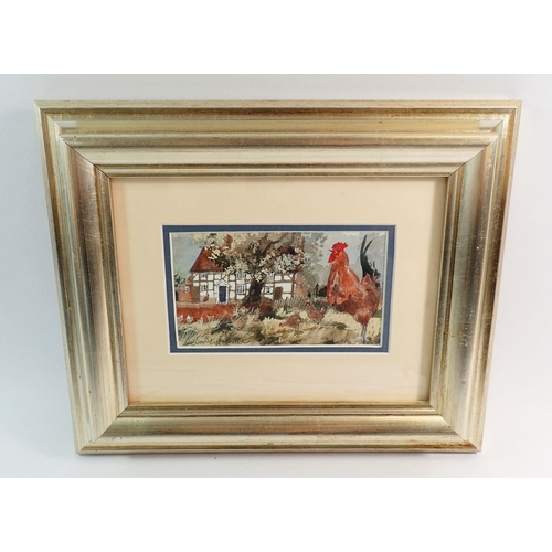 1003 - David Birtwhistle - watercolour of a Tudor farmhouse and chicken 'Cluck Cluck' 8.5 x 15cm