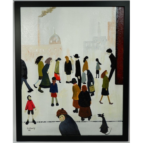 1009 - John Hanley - oil and acrylic on canvas after L S Lowry, signed and dated 2019 'The Gathering', 49 x... 