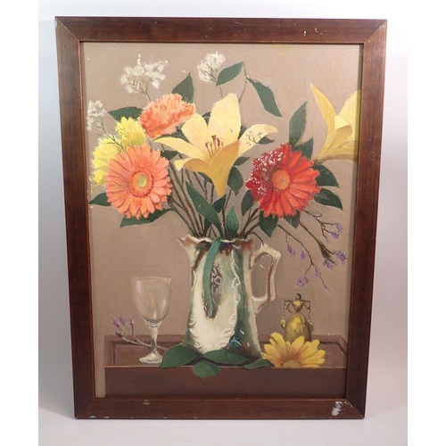 1014 - A vintage oil on board still life flowers in a jug, 49 x 36cm