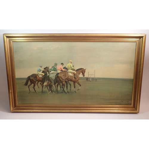 1021 - S Munnings - print on board of race horses, 38 x 71cm