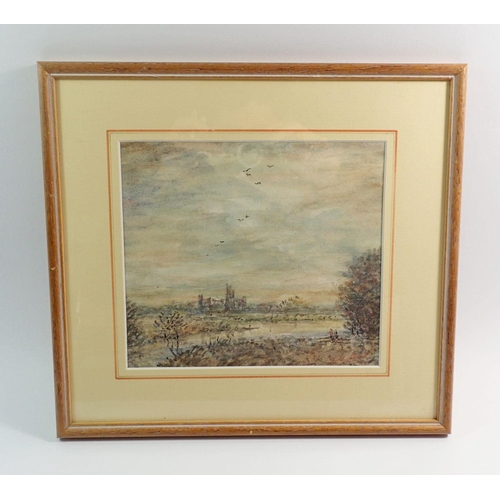 1031 - A watercolour of meadow and river scene indistinctly signed, 19 x 21cm