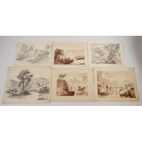 1032 - Six 19th century pencil and watercolour landscapes, largest 29 x 24cm