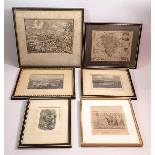 1033 - A group of six antique engravings and maps including Bristol Docks, Dance Maine Cornwall, a Hogg Map... 