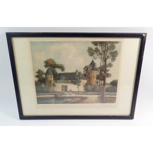 1034 - F Marriott - coloured etching 'A French Farm' signed in pencil, 19 x 24cm