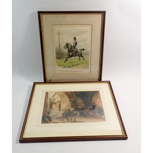 1037 - A Russell Flint print of a nude on a donkey, 17 x 25cm and a military print