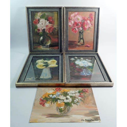 1038 - Jill Bretherton - five acrylic still life flower pictures (one unframed some frames a/f)