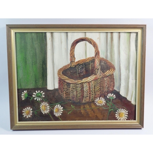 1039 - Jenny Ross - oil still life basket and daisies, 29 x 39cm