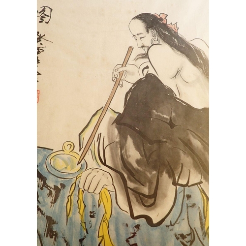 1044 - A Chinese watercolour featuring man with a stick, 62 x 29cm