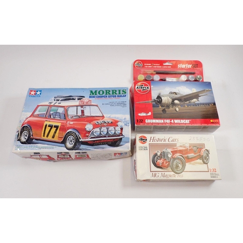 1057 - Two Airfix kits M G Magnette 1933 and Grumman F4F Wildcat plus a Tamiya Morris Mini Cooper 12755 Ral... 