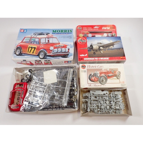 1057 - Two Airfix kits M G Magnette 1933 and Grumman F4F Wildcat plus a Tamiya Morris Mini Cooper 12755 Ral... 