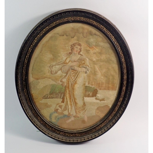 1080 - An early 19th century embroidery of lady by the sea, 31 x 25cm