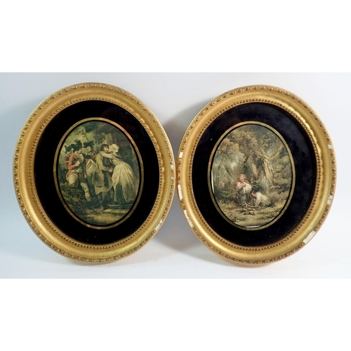 1081 - A pair of oval George Morland prints in verre eglomise frames, 14 x 11cm