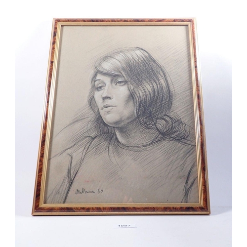 1087 - Makinson - charcoal portrait of a woman - 1960, 39 x 29cm