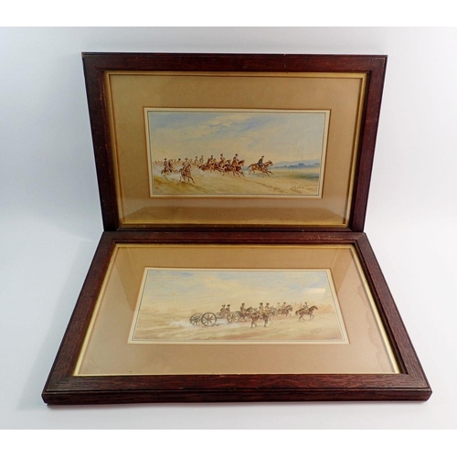 1089 - F Beal - pair of watercolour cavalry soldiers, 13.5 x 28cm