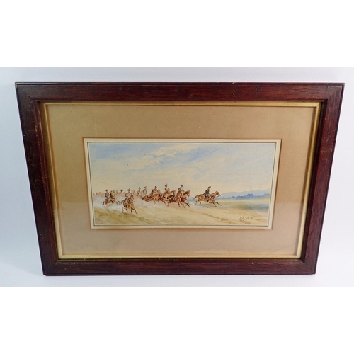 1089 - F Beal - pair of watercolour cavalry soldiers, 13.5 x 28cm