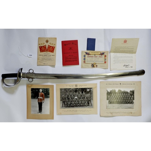 1096 - An officers cavalry sword with metal scabbard, blade 87cm long, with related military ephemera for D... 