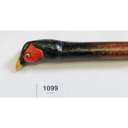 1099 - A hazel shaft walking stick with carved and painted pheasant knop, 132cm long