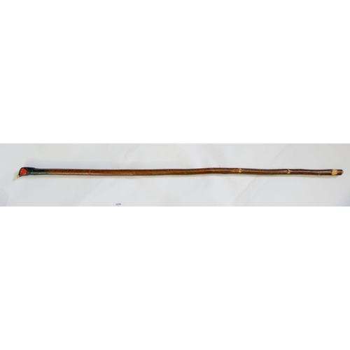 1099 - A hazel shaft walking stick with carved and painted pheasant knop, 132cm long