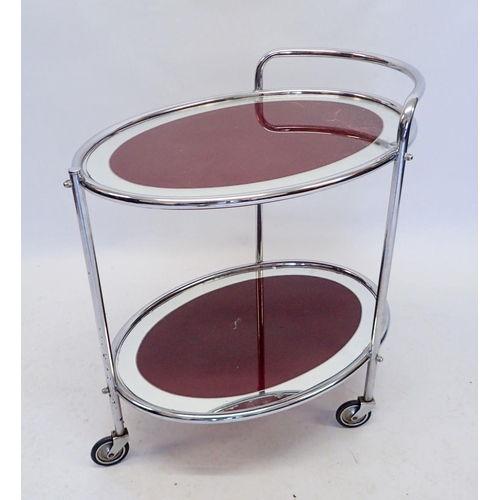 1102 - A French 1920's oval chrome and mirrored glass cocktail trolley