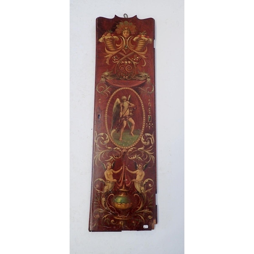 1103 - An interesting 18th century narrow mahogany door panel painted classical decoration incuding cornuco... 