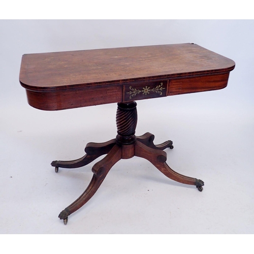 1104 - A Regency mahogany side table with brass and satin wood inlay to freize all on spiral turned column ... 