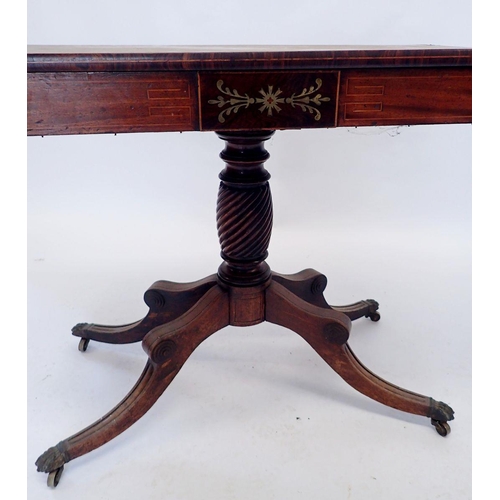 1104 - A Regency mahogany side table with brass and satin wood inlay to freize all on spiral turned column ... 