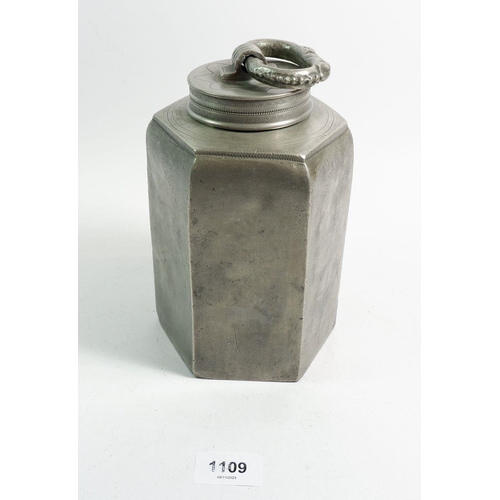 1109 - A 19th century pewter hexagonal tea caddy, dated 1838, 20cm tall