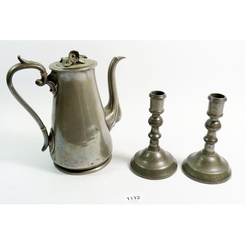 1112 - A James Dixon pewter coffee pot and a pair of pewter candlesticks with cockeral touch marks, 14.5cm