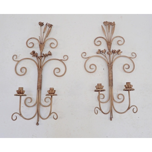 1113 - A pair of decorative painted metal wall sconces, 70cm tall, one a/f