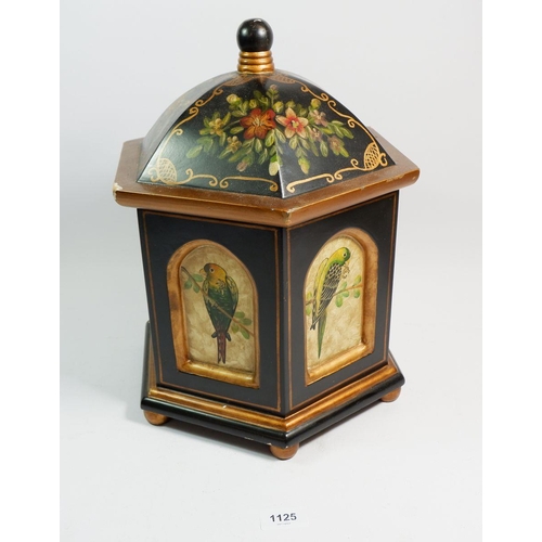 1125 - A painted dome top wooden hexagonal sewing box, 37cm tall