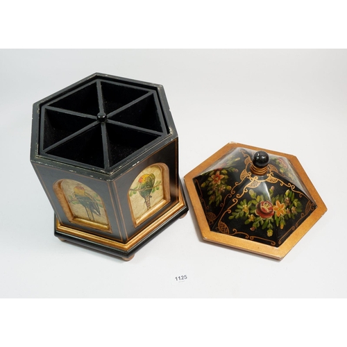 1125 - A painted dome top wooden hexagonal sewing box, 37cm tall