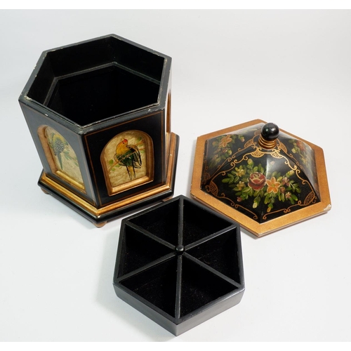 1125 - A painted dome top wooden hexagonal sewing box, 37cm tall