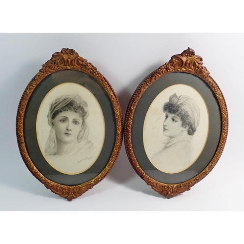 1127 - E Barnard - a pair of 19th century oval pencil portraits of woman in gilt frames, 17 x 12cm