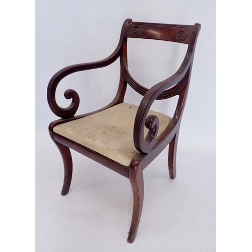 1137 - A Regency mahogany carver chair with incised top rail and scroll over arm supports all on sabre legs