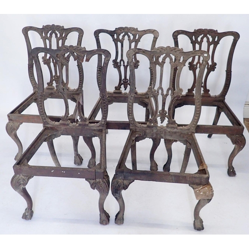 1140 - A set of five Chippendale style dining chairs with claw and ball feet - fire damaged