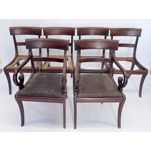 1142 - A set of six 19th century Regency style bar back dining chairs on sabre supports (four diners and tw... 