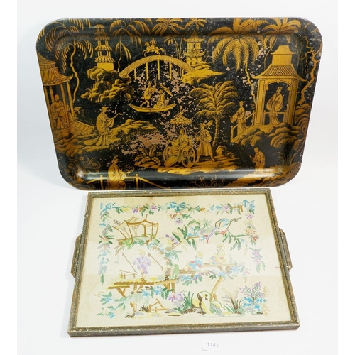 1143 - A chinoiserie embroidered tray, 45 x 34cm and a Worcester Ware black Japanned tray with gilt decorat... 