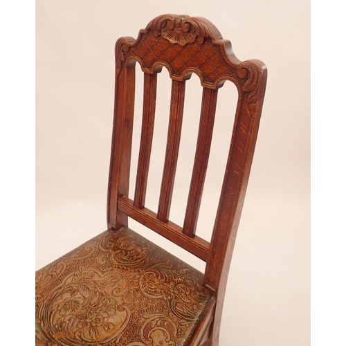 1146 - A set of eight French slat back dining chairs with trellis and scrollwork carved top rail