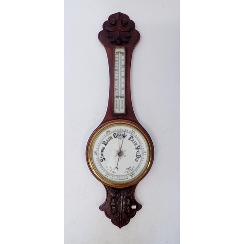 1161 - An oak aneroid  barometer/thermometer