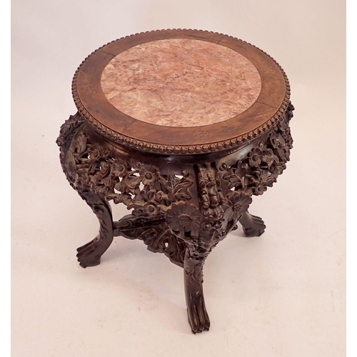 1167 - A Chinese carved hardwood marble topped occasional table 38.5cm top diameter