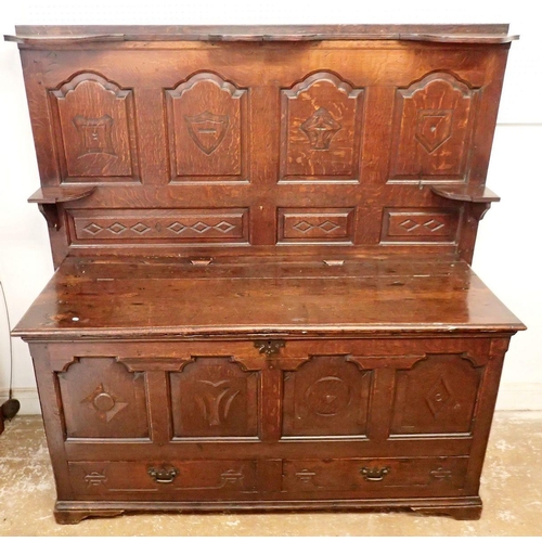 1178 - A Victorian oak mule chest with carved and panelled front and later matching back panel, 144cm wide