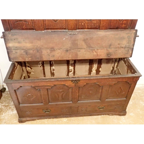 1178 - A Victorian oak mule chest with carved and panelled front and later matching back panel, 144cm wide