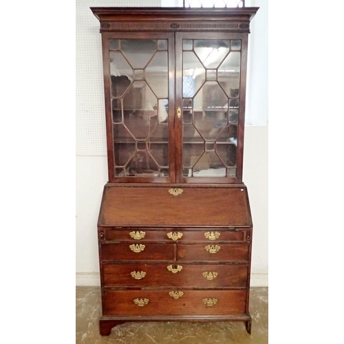 1181 - A George III mahogany bureau bookcase, the carved cornice over pair of astragal glazed doors, the ba... 